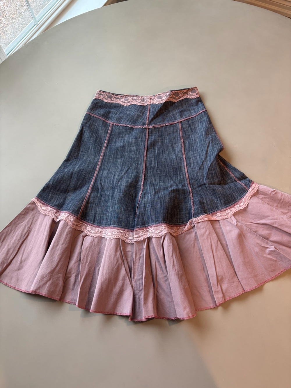 Cache Two-Tone Denim & Pink Lace Midi Skirt
